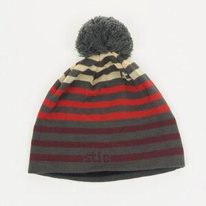 Stio Skull Knit Cap Pom Beanie Hat One Size OSFM Gray Striped Outdoor Work Tech